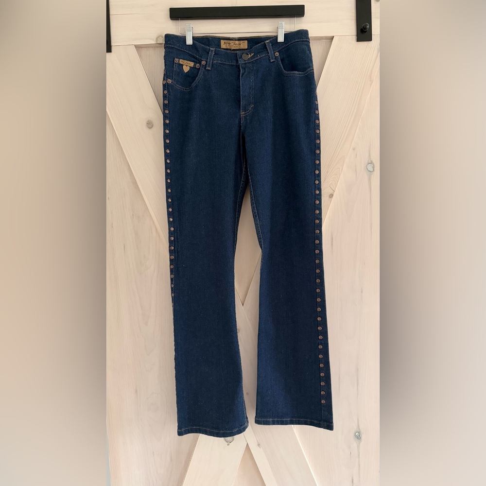 Betsey Johnson Dark Blue Stud-side Trim strait Jeans Mid rise size 6 - Picture 2 of 6